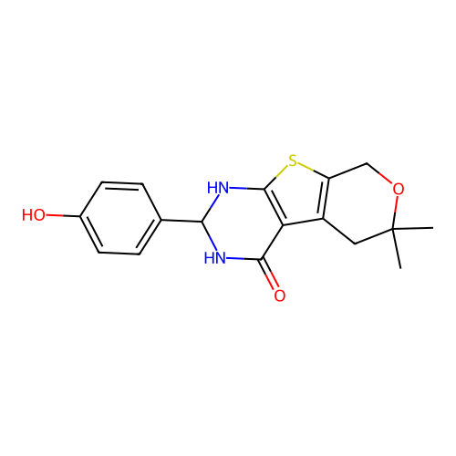 2-(4-hydroxyphenyl)-6,6-dimethyl-1,2,3,5,6,8-hexahydro-4H-pyrano[4',3':4,5]thieno[2,3-d]pyrimidin-4-one structure