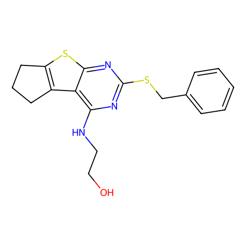2-((2-(benzylthio)-6,7-dihydro-5H-cyclopenta[4,5]thieno[2,3-d]pyrimidin-4-yl)amino)ethanol structure