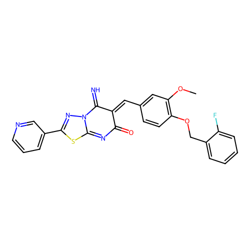 (6Z)-6-[[4-[(2-fluorophenyl)methoxy]-3-methoxyphenyl]methylidene]-5-imino-2-pyridin-3-yl-[1,3,4]thiadiazolo[3,2-a]pyrimidin-7-one structure
