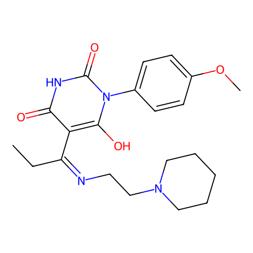 (5E)-1-(4-methoxyphenyl)-5-[1-(2-piperidin-1-ylethylamino)propylidene]-1,3-diazinane-2,4,6-trione structure