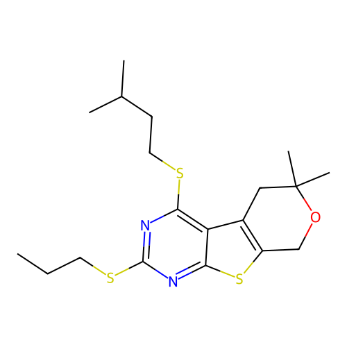 4-(isopentylthio)-6,6-dimethyl-2-(propylthio)-6,8-dihydro-5H-pyrano[4',3':4,5]thieno[2,3-d]pyrimidine structure