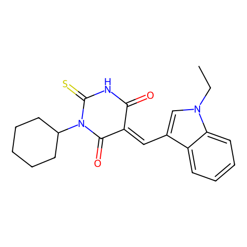 1-cyclohexyl-5-[(1-ethylindol-3-yl)methylidene]-2-sulfanylidene-1,3-diazinane-4,6-dione structure