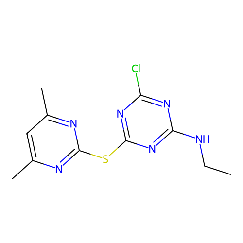 4-chloro-6-[(4,6-dimethylpyrimidin-2-yl)sulfanyl]-N-ethyl-1,3,5-triazin-2-amine structure