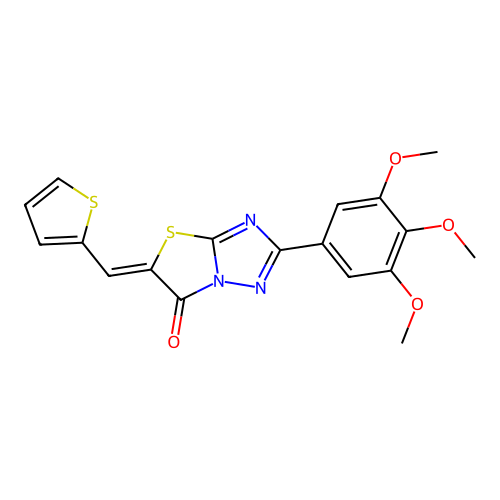 (5Z)-5-(thien-2-ylmethylene)-2-(3,4,5-trimethoxyphenyl)[1,3]thiazolo[3,2-b][1,2,4]triazol-6(5H)-one structure