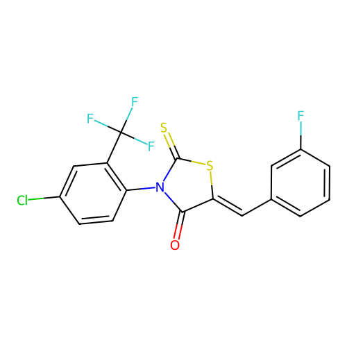 (5Z)-3-[4-chloro-2-(trifluoromethyl)phenyl]-5-(3-fluorobenzylidene)-2-thioxo-1,3-thiazolidin-4-one structure