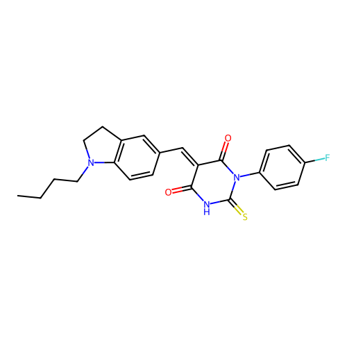 (5E)-5-[(1-butyl-2,3-dihydro-1H-indol-5-yl)methylidene]-1-(4-fluorophenyl)-2-sulfanylpyrimidine-4,6(1H,5H)-dione structure