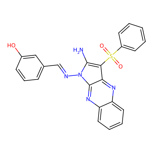 (E)-3-(((2-amino-3-(phenylsulfonyl)-1H-pyrrolo[2,3-b]quinoxalin-1-yl)imino)methyl)phenol structure