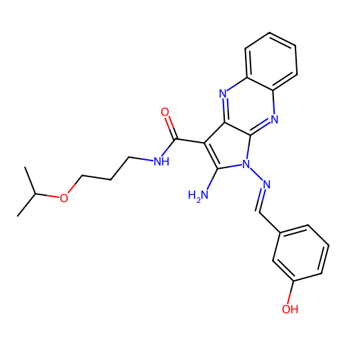 (E)-2-amino-1-((3-hydroxybenzylidene)amino)-N-(3-isopropoxypropyl)-1H-pyrrolo[2,3-b]quinoxaline-3-carboxamide structure