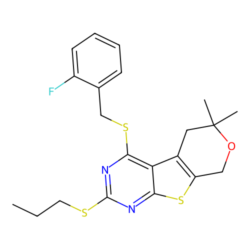 4-((2-fluorobenzyl)thio)-6,6-dimethyl-2-(propylthio)-6,8-dihydro-5H-pyrano[4',3':4,5]thieno[2,3-d]pyrimidine structure