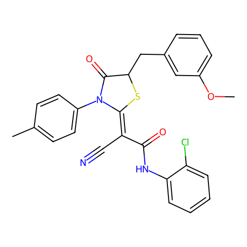 (2Z)-N-(2-chlorophenyl)-2-cyano-2-[5-(3-methoxybenzyl)-3-(4-methylphenyl)-4-oxo-1,3-thiazolidin-2-ylidene]ethanamide structure