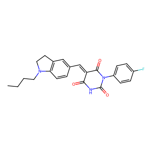 (5E)-5-[(1-butyl-2,3-dihydro-1H-indol-5-yl)methylidene]-3-(4-fluorophenyl)-6-hydroxypyrimidine-2,4(3H,5H)-dione structure