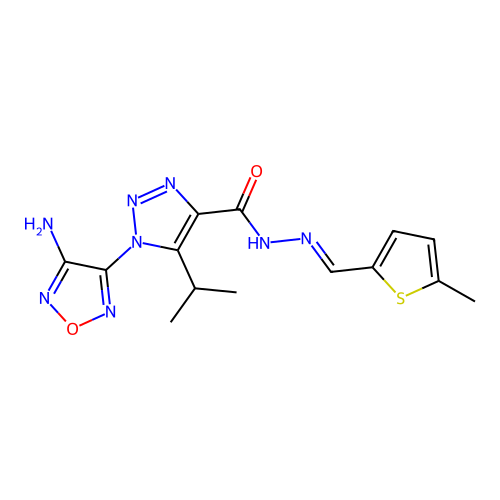(E)-1-(4-amino-1,2,5-oxadiazol-3-yl)-5-isopropyl-N'-((5-methylthiophen-2-yl)methylene)-1H-1,2,3-triazole-4-carbohydrazide structure