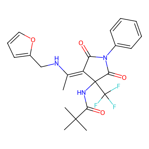 N-[(4Z)-4-{1-[(furan-2-ylmethyl)amino]ethylidene}-2,5-dioxo-1-phenyl-3-(trifluoromethyl)pyrrolidin-3-yl]-2,2-dimethylpropanamide structure