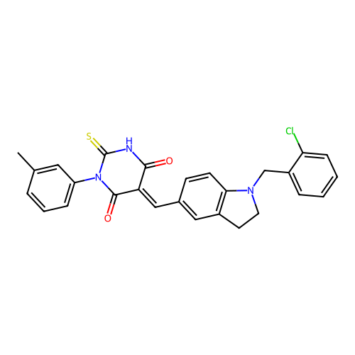 (5E)-5-[[1-[(2-chlorophenyl)methyl]-2,3-dihydroindol-5-yl]methylidene]-1-(3-methylphenyl)-2-sulfanylidene-1,3-diazinane-4,6-dione structure