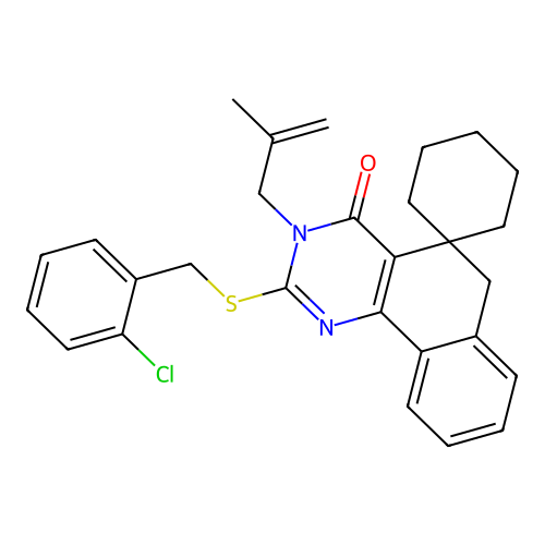 2-((2-chlorobenzyl)thio)-3-(2-methylallyl)-3H-spiro[benzo[h]quinazoline-5,1'-cyclohexan]-4(6H)-one structure