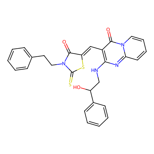 2-[(2-hydroxy-2-phenylethyl)amino]-3-{(Z)-[4-oxo-3-(2-phenylethyl)-2-thioxo-1,3-thiazolidin-5-ylidene]methyl}-4H-pyrido[1,2-a]pyrimidin-4-one structure