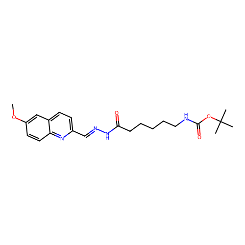 tert-butyl (6-{(2E)-2-[(6-methoxyquinolin-2-yl)methylidene]hydrazinyl}-6-oxohexyl)carbamate structure