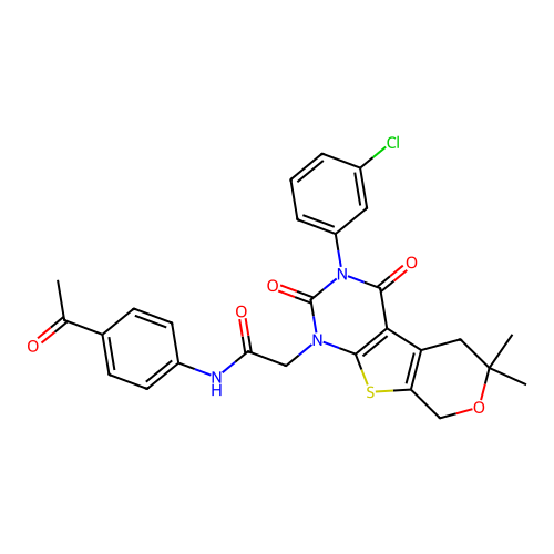 N-(4-acetylphenyl)-2-(3-(3-chlorophenyl)-6,6-dimethyl-2,4-dioxo-2,3,4,5,6,8-hexahydro-1H-pyrano[4',3':4,5]thieno[2,3-d]pyrimidin-1-yl)acetamide structure