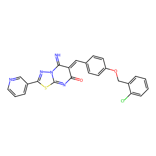 (6Z)-6-[[4-[(2-chlorophenyl)methoxy]phenyl]methylidene]-5-imino-2-pyridin-3-yl-[1,3,4]thiadiazolo[3,2-a]pyrimidin-7-one structure