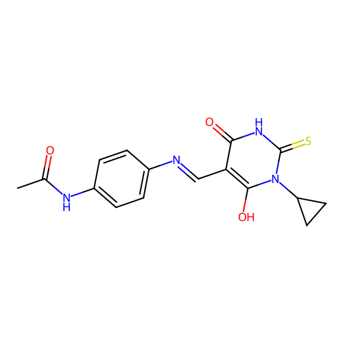 (Z)-N-(4-(((1-cyclopropyl-4,6-dioxo-2-thioxotetrahydropyrimidin-5(2H)-ylidene)methyl)amino)phenyl)acetamide structure