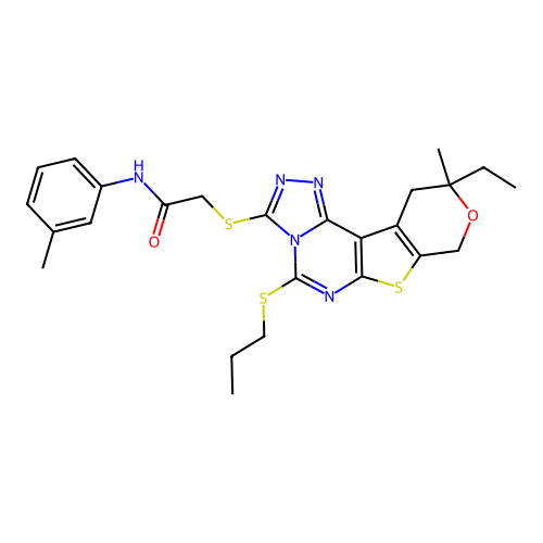 2-((10-ethyl-10-methyl-5-(propylthio)-10,11-dihydro-8H-pyrano[4',3':4,5]thieno[3,2-e][1,2,4]triazolo[4,3-c]pyrimidin-3-yl)thio)-N-(m-tolyl)acetamide structure