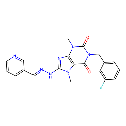 (E)-1-(3-fluorobenzyl)-3,7-dimethyl-8-(2-(pyridin-3-ylmethylene)hydrazinyl)-1H-purine-2,6(3H,7H)-dione structure
