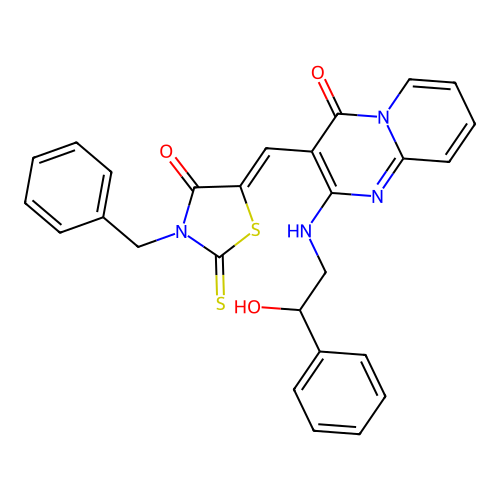 3-[(Z)-(3-benzyl-4-oxo-2-thioxo-1,3-thiazolidin-5-ylidene)methyl]-2-[(2-hydroxy-2-phenylethyl)amino]-4H-pyrido[1,2-a]pyrimidin-4-one structure