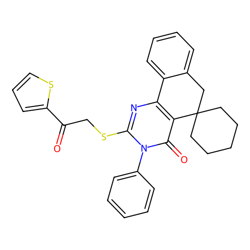 2-((2-oxo-2-(thiophen-2-yl)ethyl)thio)-3-phenyl-3H-spiro[benzo[h]quinazoline-5,1'-cyclohexan]-4(6H)-one structure