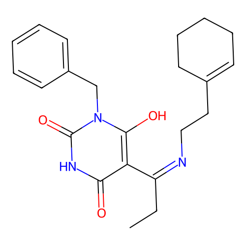 (E)-1-benzyl-5-(1-((2-(cyclohex-1-en-1-yl)ethyl)amino)propylidene)pyrimidine-2,4,6(1H,3H,5H)-trione structure