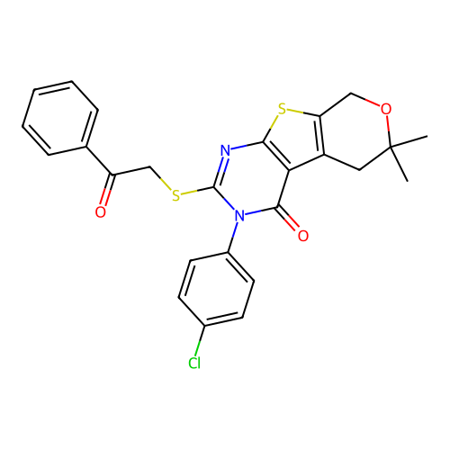 3-(4-chlorophenyl)-6,6-dimethyl-2-[(2-oxo-2-phenylethyl)sulfanyl]-3,5,6,8-tetrahydro-4H-pyrano[4',3':4,5]thieno[2,3-d]pyrimidin-4-one structure