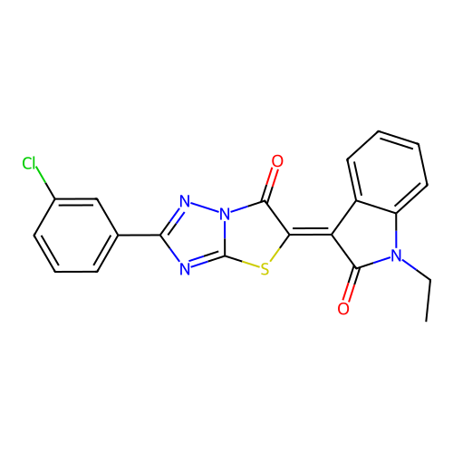 (3Z)-3-[2-(3-chlorophenyl)-6-oxo[1,3]thiazolo[3,2-b][1,2,4]triazol-5(6H)-ylidene]-1-ethyl-1,3-dihydro-2H-indol-2-one structure