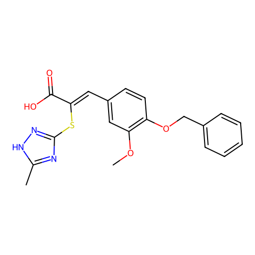 (2Z)-3-[4-(benzyloxy)-3-methoxyphenyl]-2-[(5-methyl-4H-1,2,4-triazol-3-yl)sulfanyl]prop-2-enoic acid structure