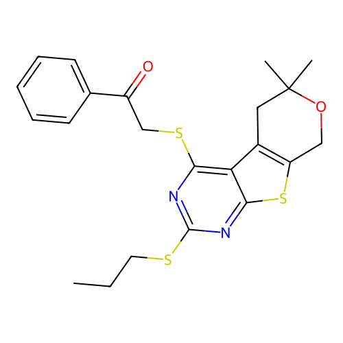 2-((6,6-dimethyl-2-(propylthio)-6,8-dihydro-5H-pyrano[4',3':4,5]thieno[2,3-d]pyrimidin-4-yl)thio)-1-phenylethanone structure