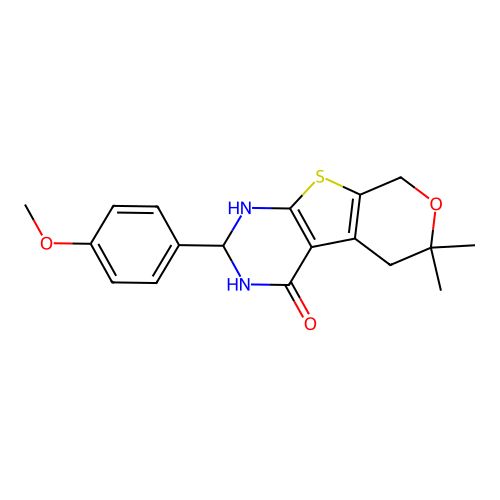 2-(4-methoxyphenyl)-6,6-dimethyl-1,2,3,5,6,8-hexahydro-4H-pyrano[4',3':4,5]thieno[2,3-d]pyrimidin-4-one structure