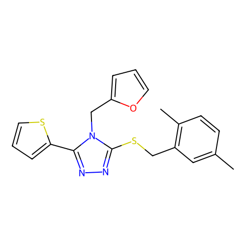 3-((2,5-dimethylbenzyl)thio)-4-(furan-2-ylmethyl)-5-(thiophen-2-yl)-4H-1,2,4-triazole structure