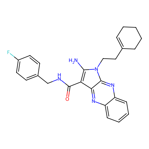 2-amino-1-(2-(cyclohex-1-en-1-yl)ethyl)-N-(4-fluorobenzyl)-1H-pyrrolo[2,3-b]quinoxaline-3-carboxamide structure
