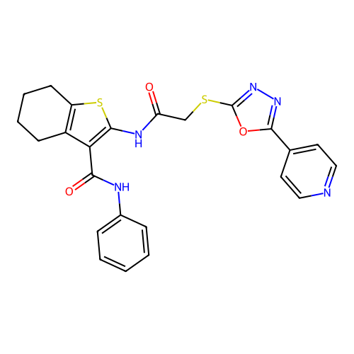 N-phenyl-2-(2-((5-(pyridin-4-yl)-1,3,4-oxadiazol-2-yl)thio)acetamido)-4,5,6,7-tetrahydrobenzo[b]thiophene-3-carboxamide structure