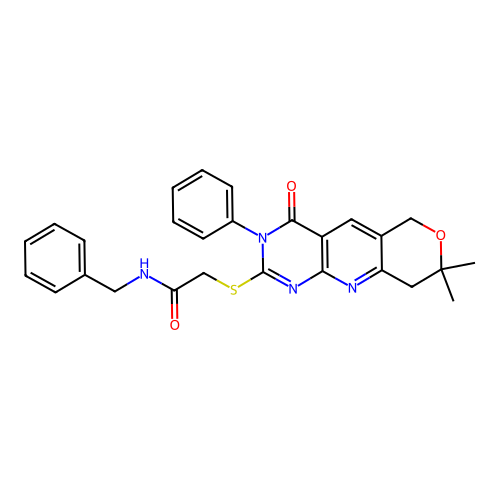 N-benzyl-2-((8,8-dimethyl-4-oxo-3-phenyl-4,6,8,9-tetrahydro-3H-pyrano[3',4':5,6]pyrido[2,3-d]pyrimidin-2-yl)thio)acetamide structure