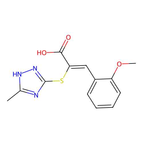 (Z)-3-(2-methoxyphenyl)-2-((5-methyl-4H-1,2,4-triazol-3-yl)thio)acrylic acid structure