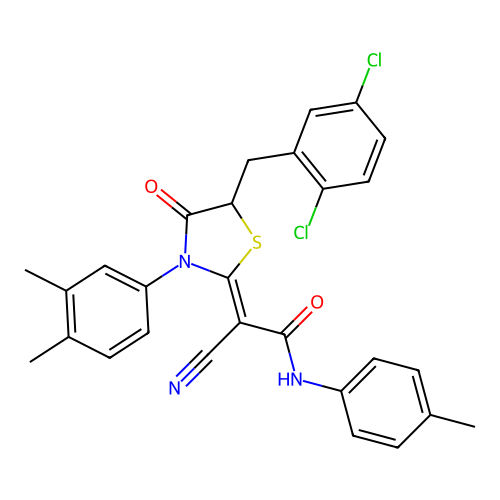 (2Z)-2-cyano-2-[5-(2,5-dichlorobenzyl)-3-(3,4-dimethylphenyl)-4-oxo-1,3-thiazolidin-2-ylidene]-N-(4-methylphenyl)ethanamide structure