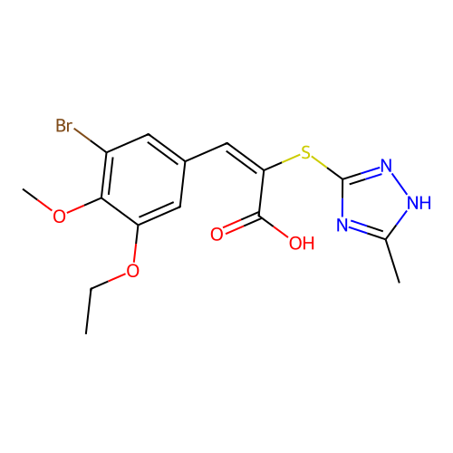 (E)-3-(3-bromo-5-ethoxy-4-methoxyphenyl)-2-((5-methyl-4H-1,2,4-triazol-3-yl)thio)acrylic acid structure