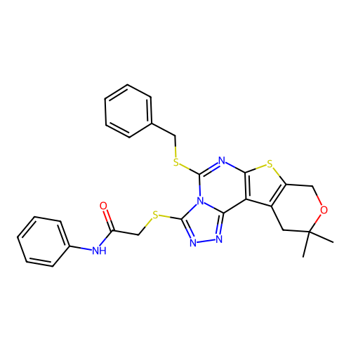 2-((5-(benzylthio)-10,10-dimethyl-10,11-dihydro-8H-pyrano[4',3':4,5]thieno[3,2-e][1,2,4]triazolo[4,3-c]pyrimidin-3-yl)thio)-N-phenylacetamide structure