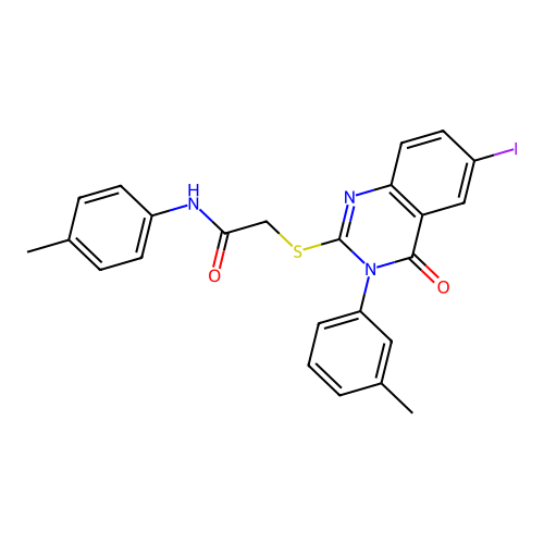 2-((6-iodo-4-oxo-3-(m-tolyl)-3,4-dihydroquinazolin-2-yl)thio)-N-(p-tolyl)acetamide structure