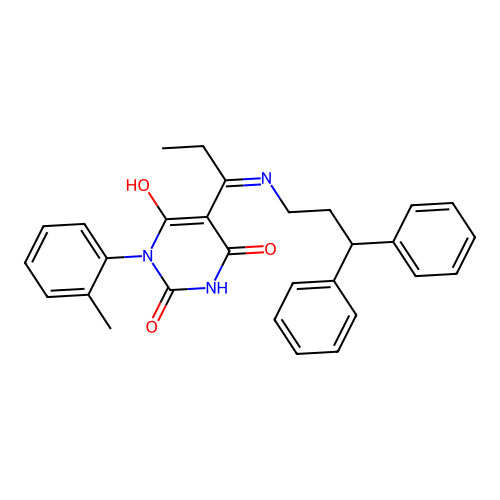 5-[1-(3,3-diphenylpropylamino)propylidene]-1-(2-methylphenyl)-1,3-diazinane-2,4,6-trione structure