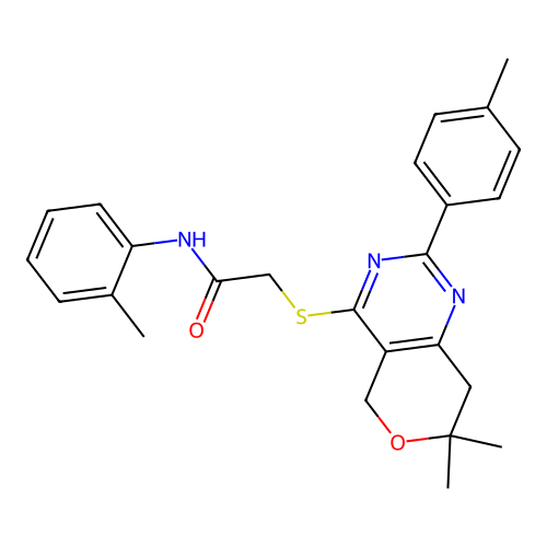 2-((7,7-dimethyl-2-(p-tolyl)-7,8-dihydro-5H-pyrano[4,3-d]pyrimidin-4-yl)thio)-N-(o-tolyl)acetamide structure
