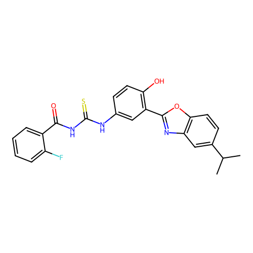 2-fluoro-N-({4-hydroxy-3-[5-(propan-2-yl)-1,3-benzoxazol-2-yl]phenyl}carbamothioyl)benzamide structure