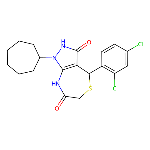 1-cycloheptyl-4-(2,4-dichlorophenyl)-3-hydroxy-6,8-dihydro-1H-pyrazolo[3,4-e][1,4]thiazepin-7(4H)-one structure