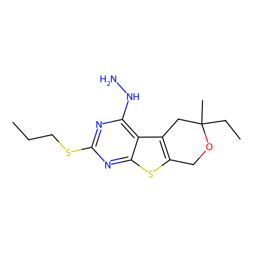 6-ethyl-4-hydrazinyl-6-methyl-2-(propylsulfanyl)-5,8-dihydro-6H-pyrano[4',3':4,5]thieno[2,3-d]pyrimidine structure