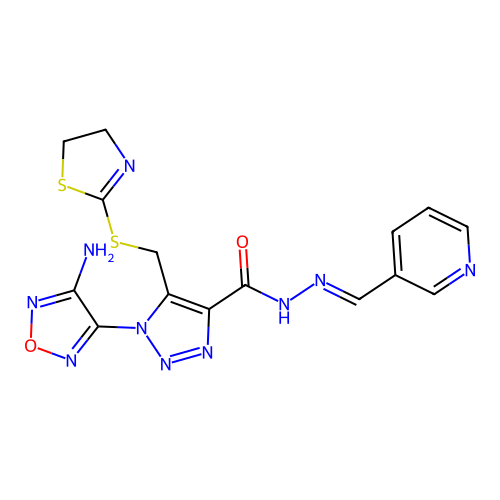 (E)-1-(4-amino-1,2,5-oxadiazol-3-yl)-5-(((4,5-dihydrothiazol-2-yl)thio)methyl)-N'-(pyridin-3-ylmethylene)-1H-1,2,3-triazole-4-carbohydrazide structure