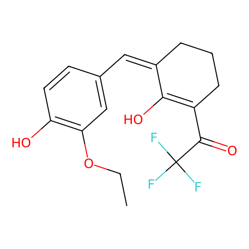 (2Z,6Z)-2-(3-ethoxy-4-hydroxybenzylidene)-6-(2,2,2-trifluoro-1-hydroxyethylidene)cyclohexanone structure